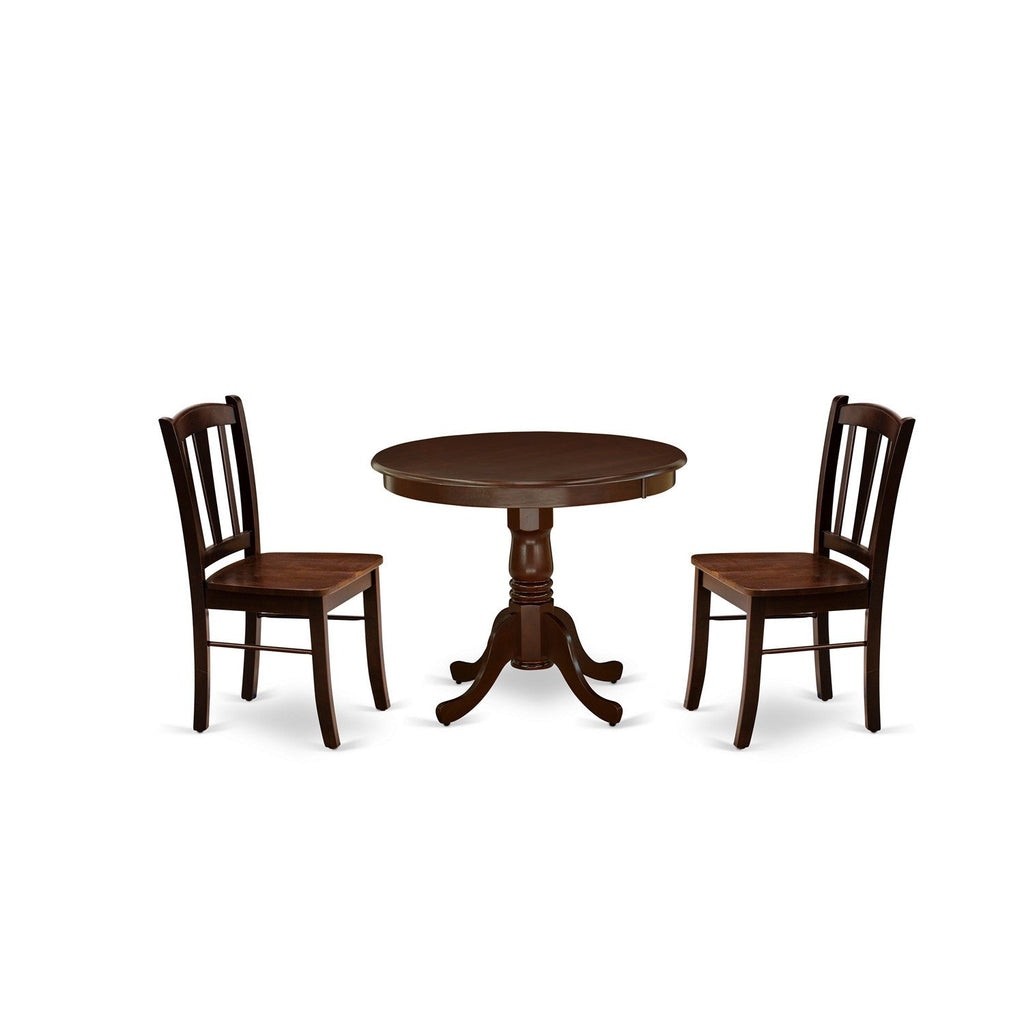 Juego de mesa y sillas de cocina de 3 piezas ANDL3-MAH-W de East West Furniture. Incluye una mesa de comedor redonda con pedestal y 2 sillas de comedor.