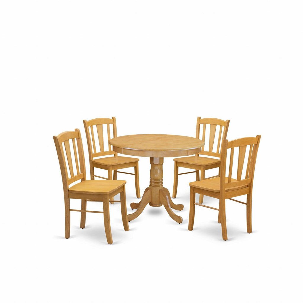Juego de comedor de 5 piezas East West Furniture ANDL5-OAK-W Incluye una mesa de cocina redonda con pedestal y 4 sillas de comedor