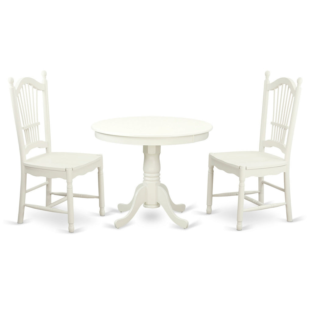 East West Furniture ANDO3-LWH-W 3 Piece Dinette Set for Small Spaces Contains a Round Kitchen Table with Pedestal and 2 Dining Chairs