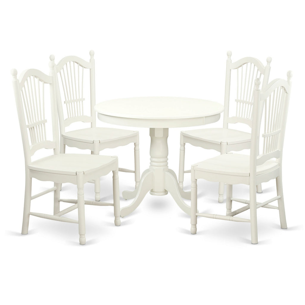 East West Furniture ANDO5-LWH-W 5 Piece Dining Room Furniture Set Includes a Round Kitchen Table with Pedestal and 4 Dining Chairs