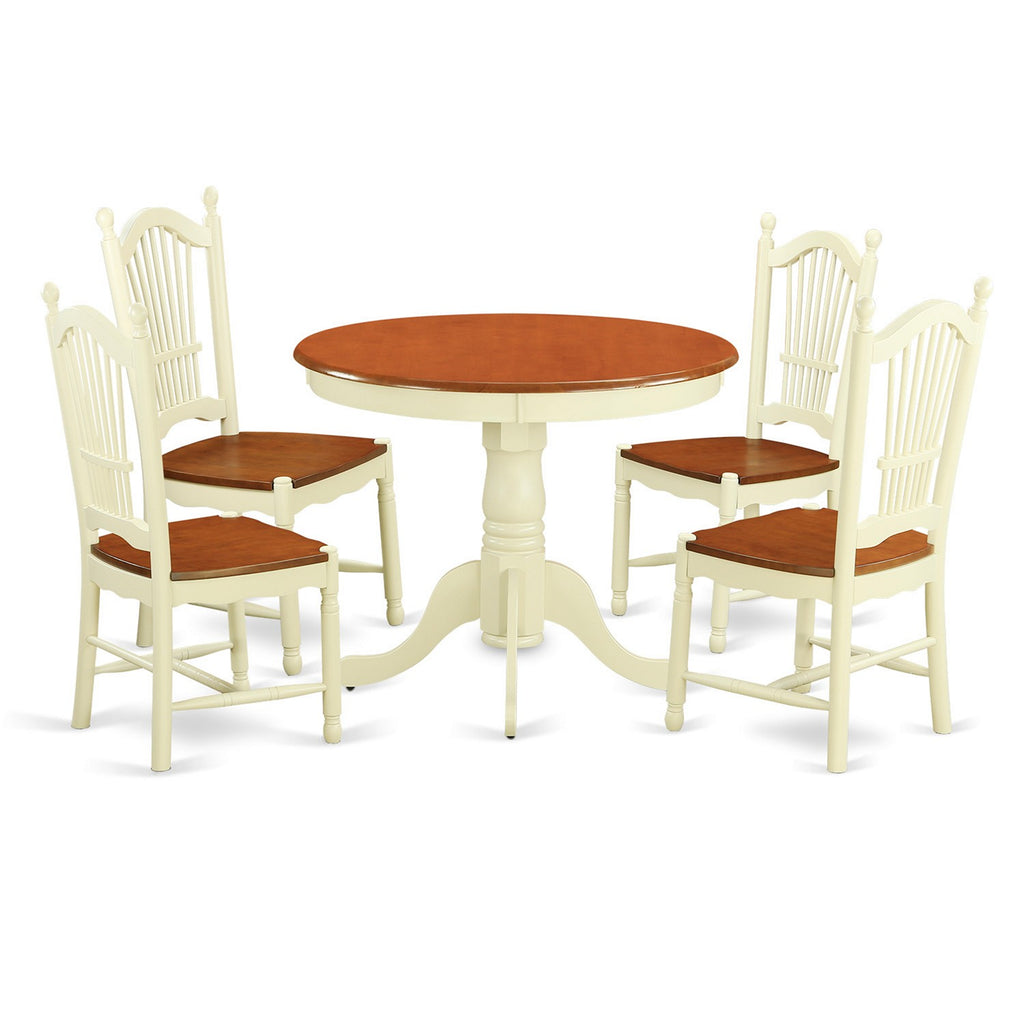 East West Furniture ANDO5-WHI-W 5 Piece Dining Room Furniture Set Includes a Round Kitchen Table with Pedestal and 4 Dining Chairs, 36x36 Inch, Buttermilk & Cherry