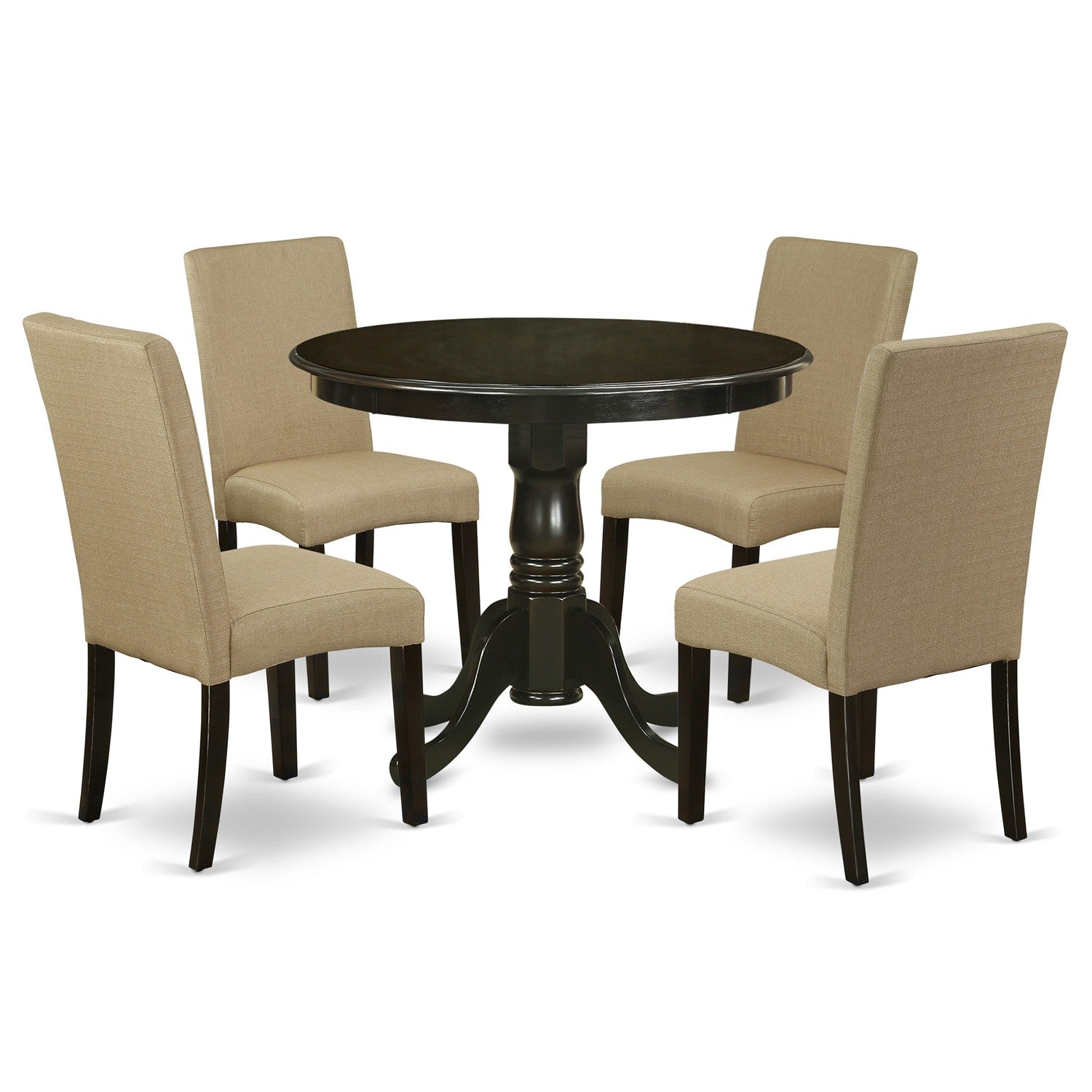 ANDR5-CAP-03 5Pc Round 36" Table And 4 Parson Chair With Cappuccino Finish Leg And Linen Fabric- Brown Color
