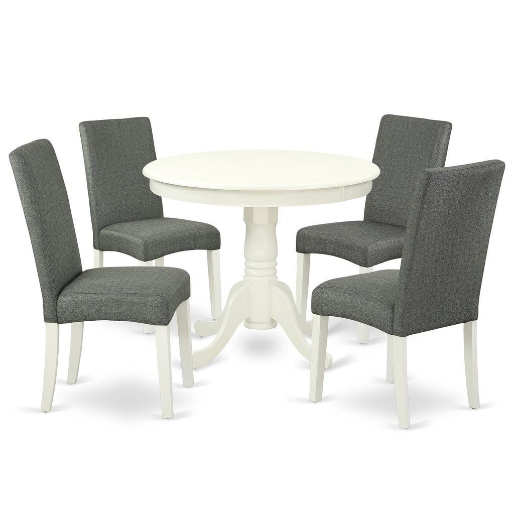 Juego de comedor de 5 piezas East West Furniture ANDR5-LWH-07 para 4 personas. Incluye una mesa de cocina redonda con pedestal y 4 sillas de comedor Parson de tela de lino gris.