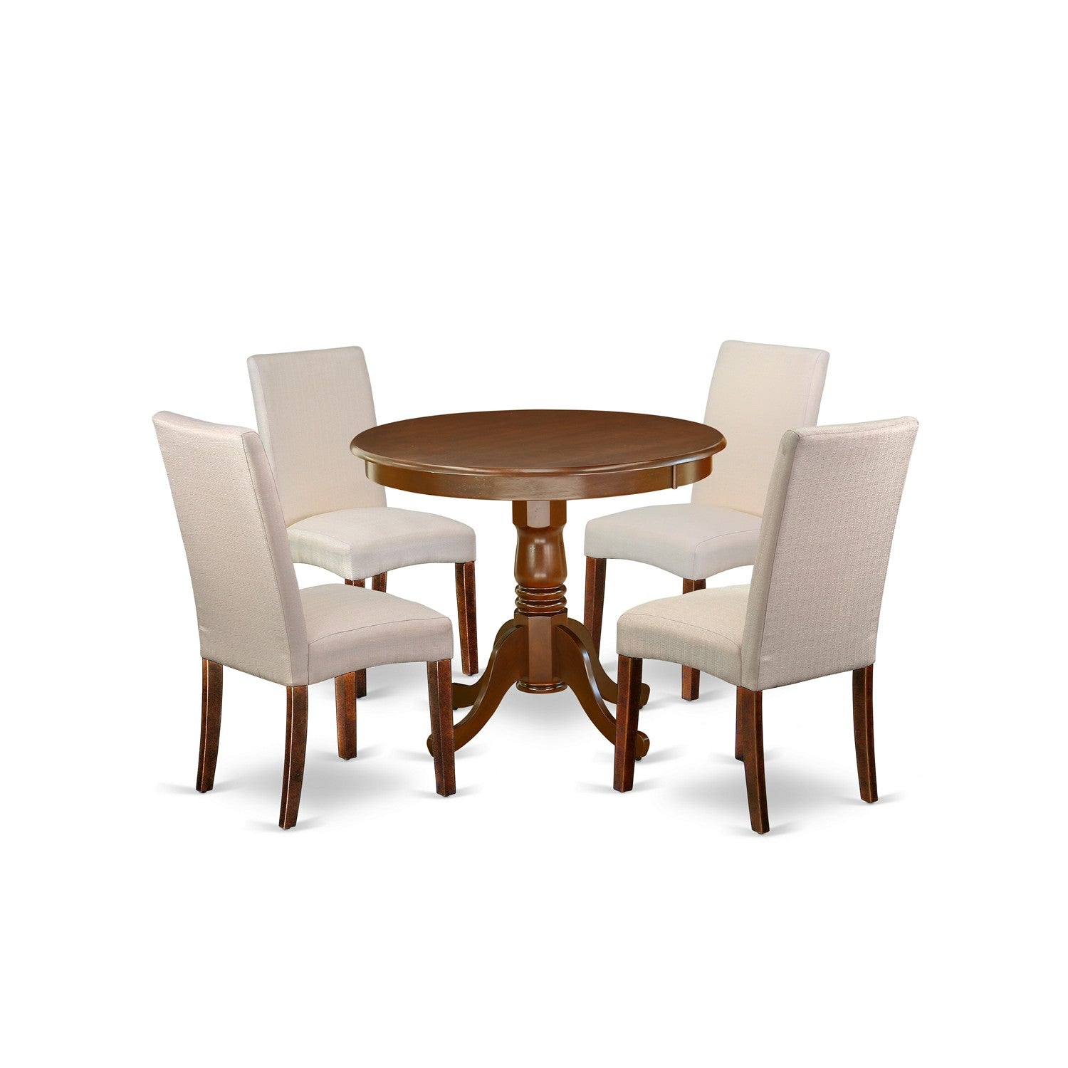 ANDR5-MAH-01 5Pc Round 36" Table And 4 Parson Chair With Mahogany Finish Leg And Linen Fabric- Cream Color
