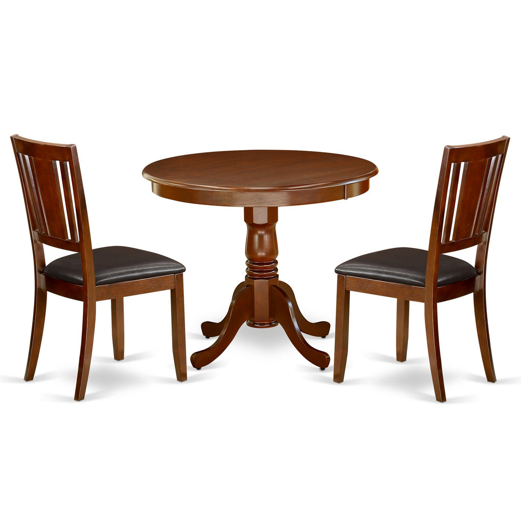East West Furniture ANDU3-MAH-LC 3 Piece Dining Room Furniture Set Contains a Round Dining Table with Pedestal and 2 Faux Leather Upholstered Chairs