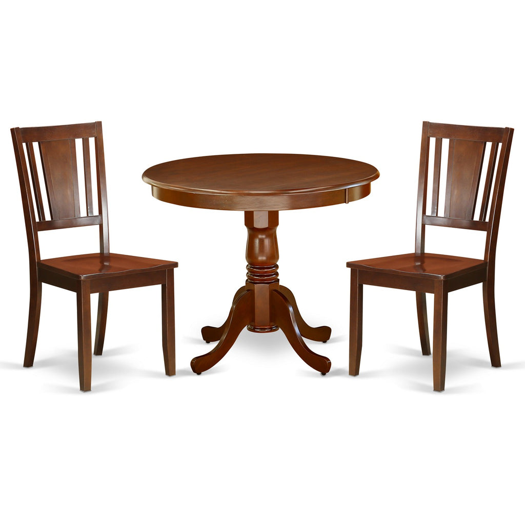 East West Furniture ANDU3-MAH-W 3 Piece Dining Set Contains a Round Kitchen Table with Pedestal and 2 Dining Room Chairs