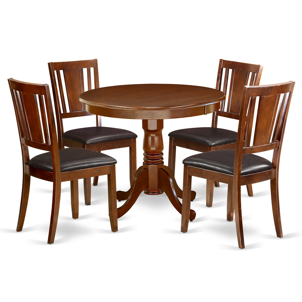 East West Furniture ANDU5-MAH-LC 5 Piece Dining Set Includes a Round Kitchen Table with Pedestal and 4 Faux Leather Dining Room Chairs, 36x36 Inch, Mahogany