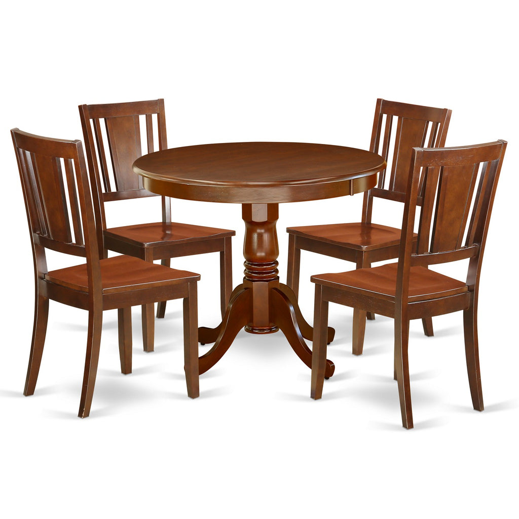 East West Furniture ANDU5-MAH-W 5 Piece Kitchen Table & Chairs Set Includes a Round Dining Room Table with Pedestal and 4 Dining Chairs