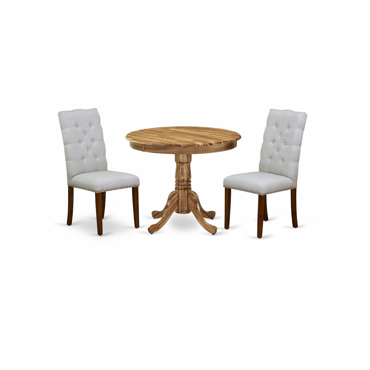 Juego de mesa y sillas de cocina de 3 piezas ANEL3-ANA-05 de East West Furniture. Incluye una mesa de comedor redonda con pedestal y 2 sillas de comedor Parsons de tela de lino gris.