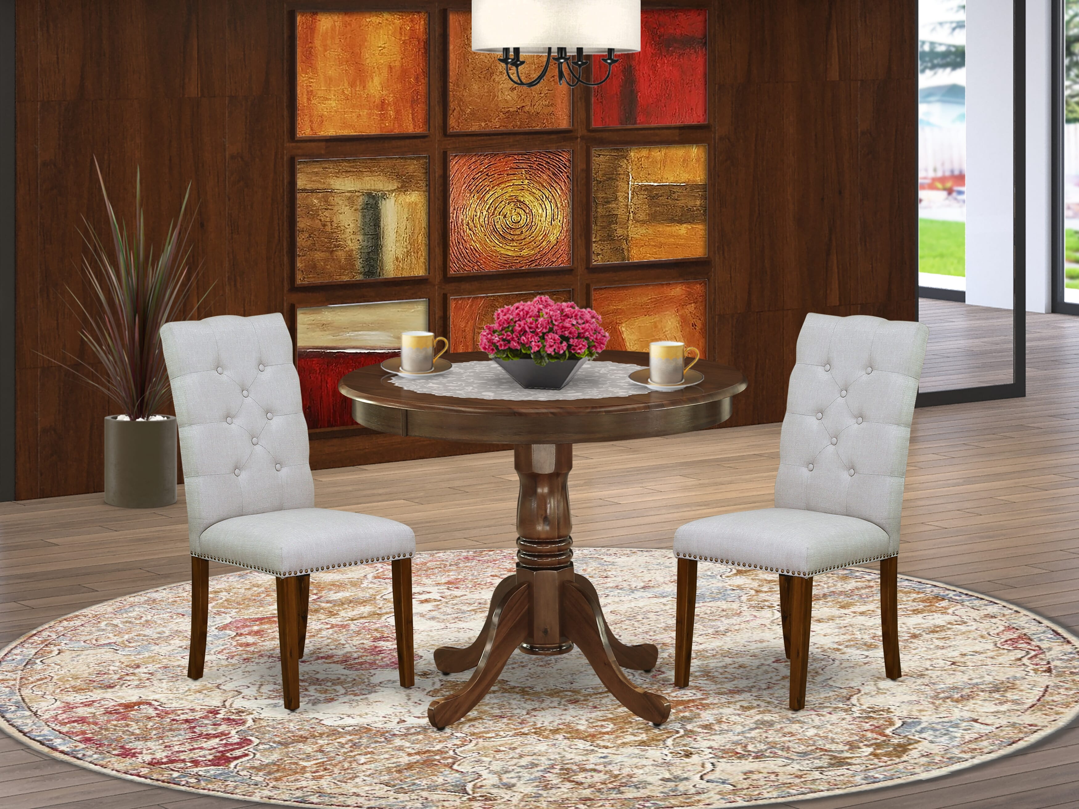 East West Furniture ANEL3-AWA-05 3 Piece Dining Table Set for Small Spaces Consist of a Round Kitchen Table with Pedestal and 2 Parson Chairs, 36x36 Inch, Antique Walnut