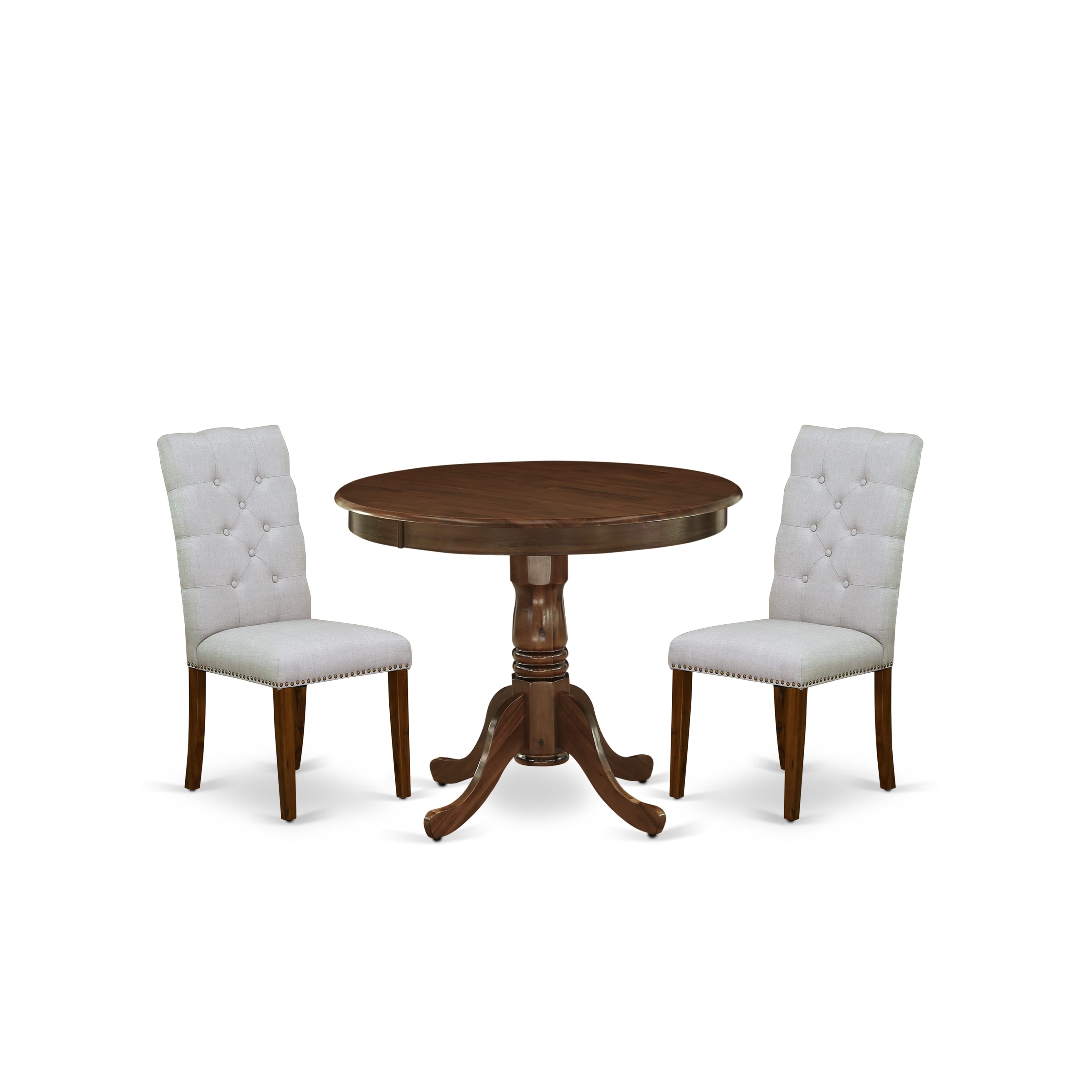 East West Furniture ANEL3-AWA-05 3 Piece Dining Table Set for Small Spaces Consist of a Round Kitchen Table with Pedestal and 2 Parson Chairs, 36x36 Inch, Antique Walnut