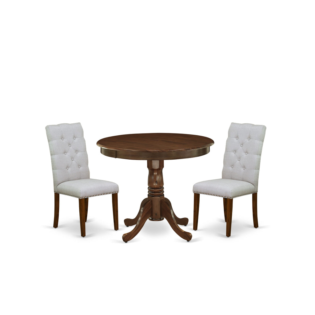 East West Furniture ANEL3-AWA-05 3 Piece Dining Table Set for Small Spaces Consist of a Round Kitchen Table with Pedestal and 2 Parson Chairs