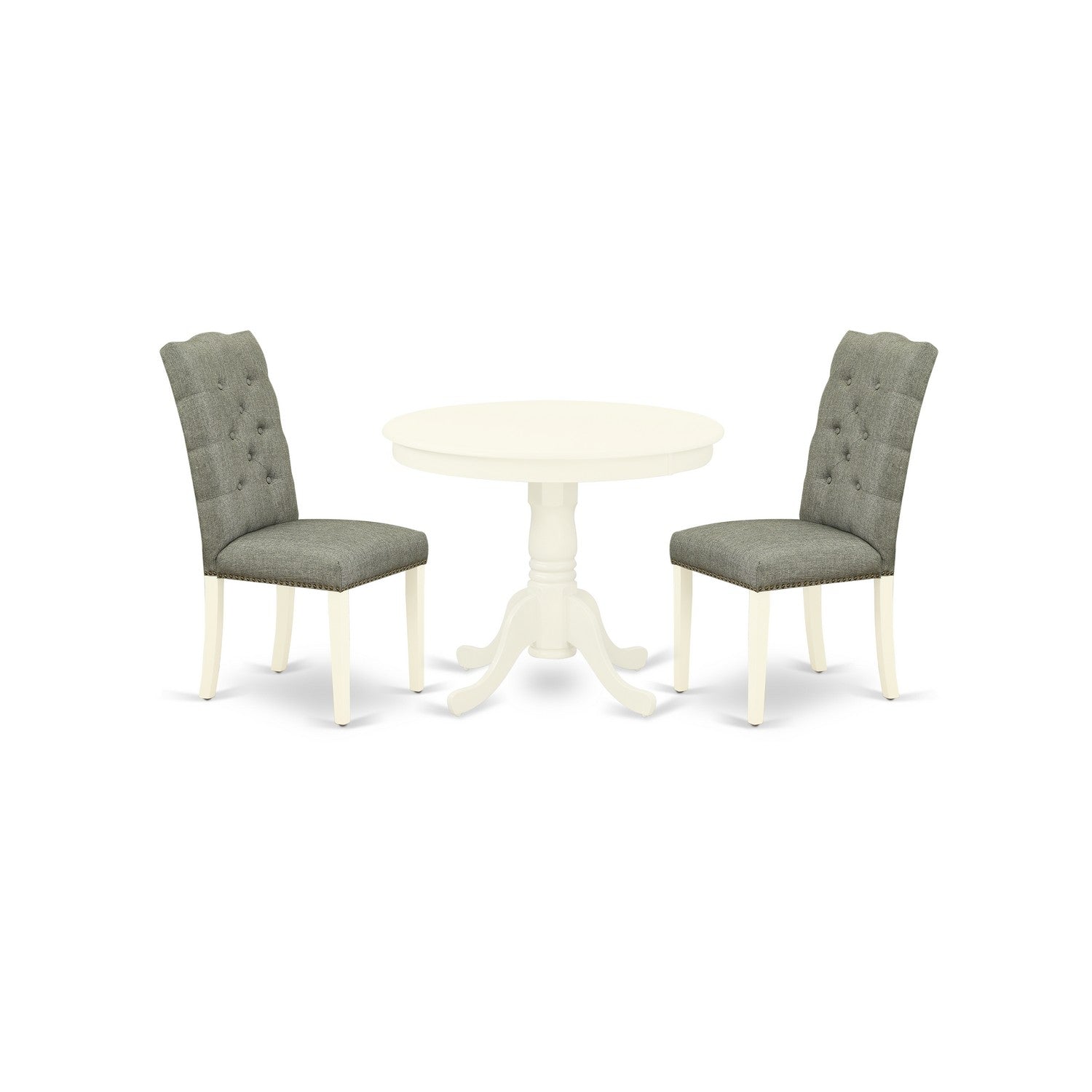 Juego de mesa de comedor moderna de 3 piezas East West Furniture ANEL3-LWH-07. Incluye una mesa de cocina redonda con pedestal y dos sillas Parson tapizadas en tela de lino gris.