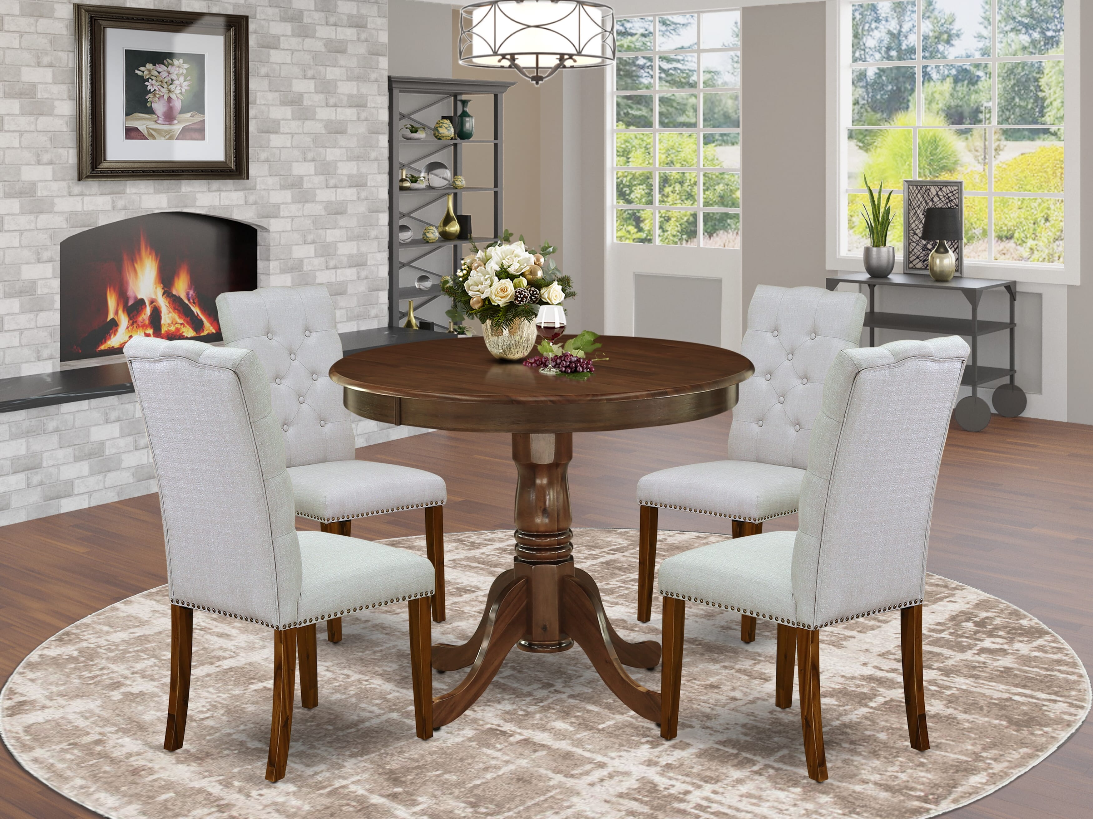 East West Furniture ANEL5-AWA-05 5 Piece Modern Dining Table Set Includes a Round Dining Room Table with Pedestal and 4 Parson Chairs, 36x36 Inch, Antique Walnut