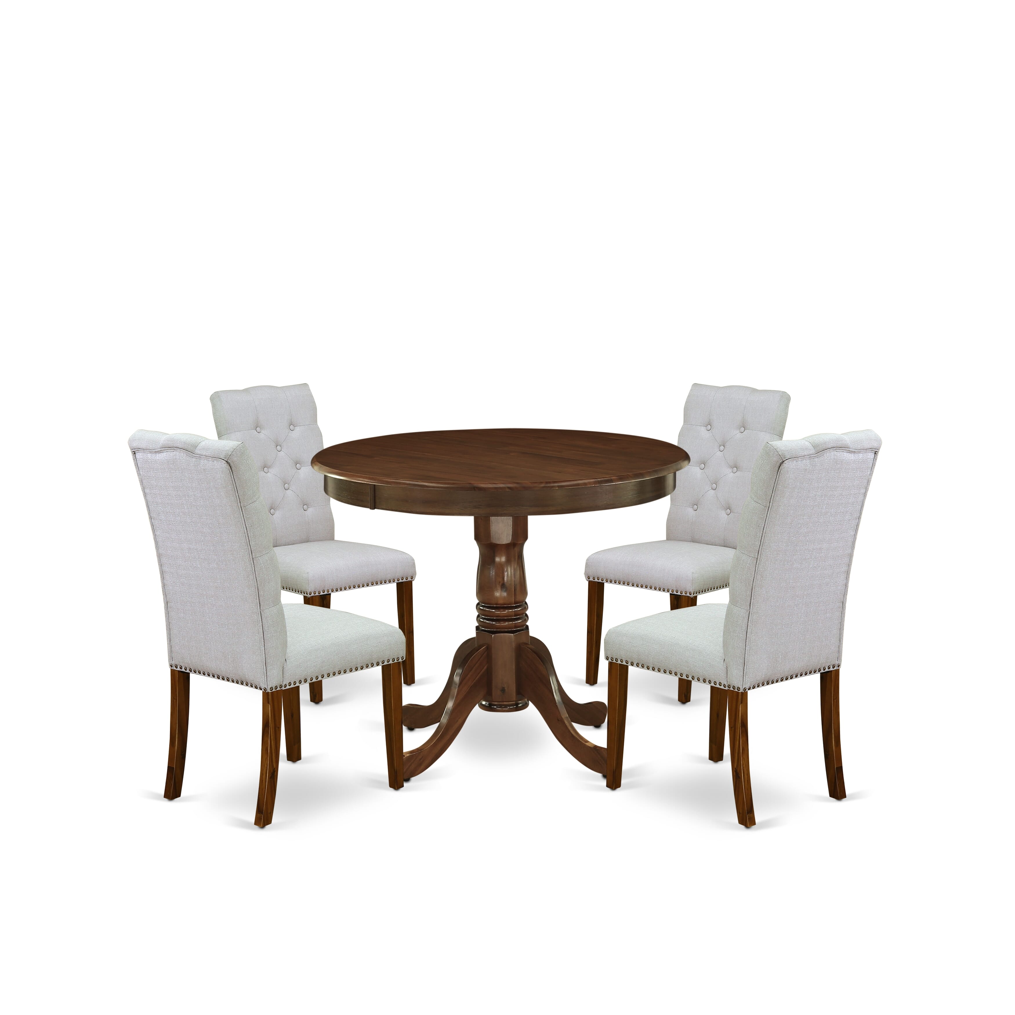 East West Furniture ANEL5-AWA-05 5 Piece Modern Dining Table Set Includes a Round Dining Room Table with Pedestal and 4 Parson Chairs, 36x36 Inch, Antique Walnut