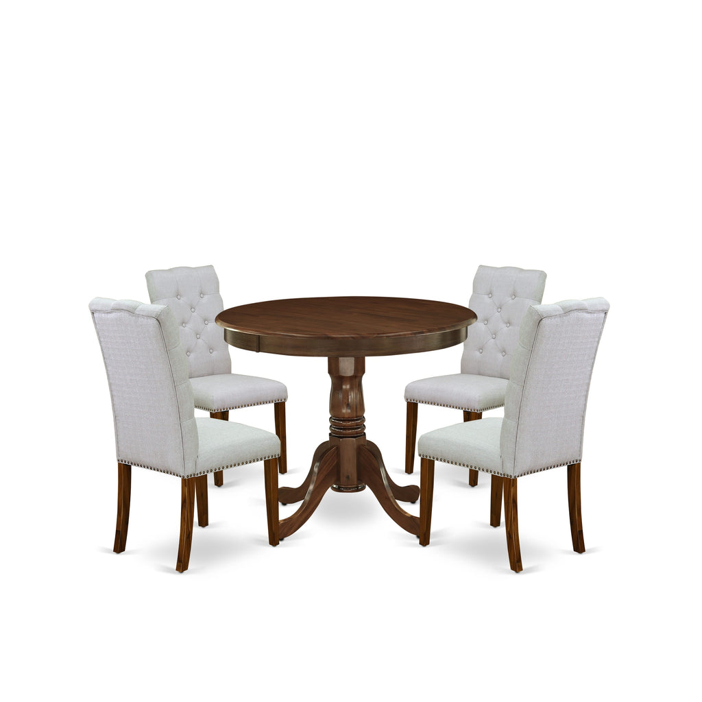 East West Furniture ANEL5-AWA-05 5 Piece Modern Dining Table Set Includes a Round Dining Room Table with Pedestal and 4 Parson Chairs