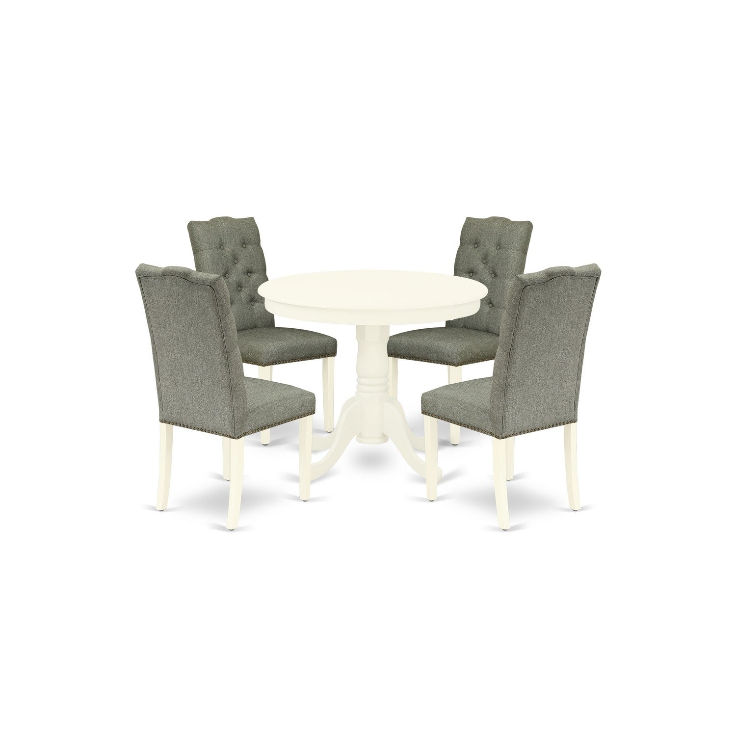 East West Furniture ANEL5-LWH-07 5-Pc Kitchen Table Set Included a Round Wood Dining Table & 4 Kitchen Chairs, Smoke Linen Fabric Parson Dining Chairs Seat & Rubber Wood Legs, Linen White Finish