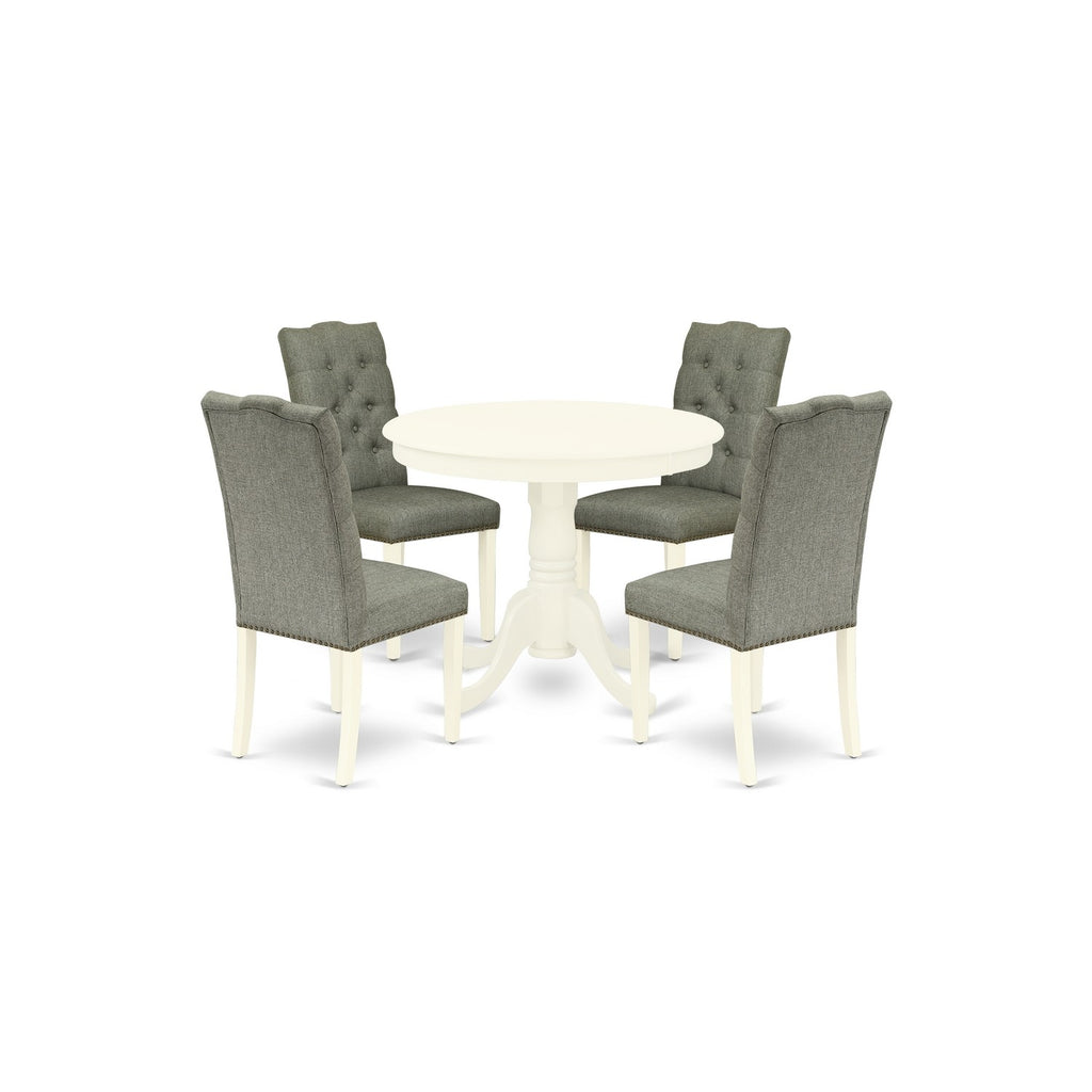 Juego de mesa de cocina de 5 piezas para 4 personas East West Furniture ANEL5-LWH-07. Incluye una mesa de comedor redonda con pedestal y 4 sillas Parson tapizadas en tela de lino gris.