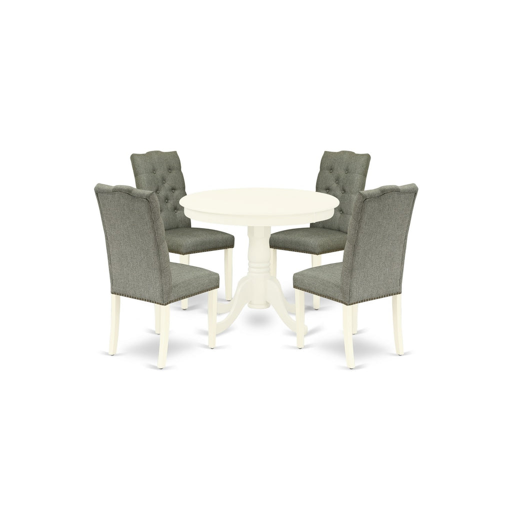 East West Furniture ANEL5-LWH-07 5 Piece Kitchen Table Set for 4 Includes a Round Dining Room Table with Pedestal and 4 Gray Linen Fabric Upholstered Parson Chairs, 36x36 Inch, Linen White