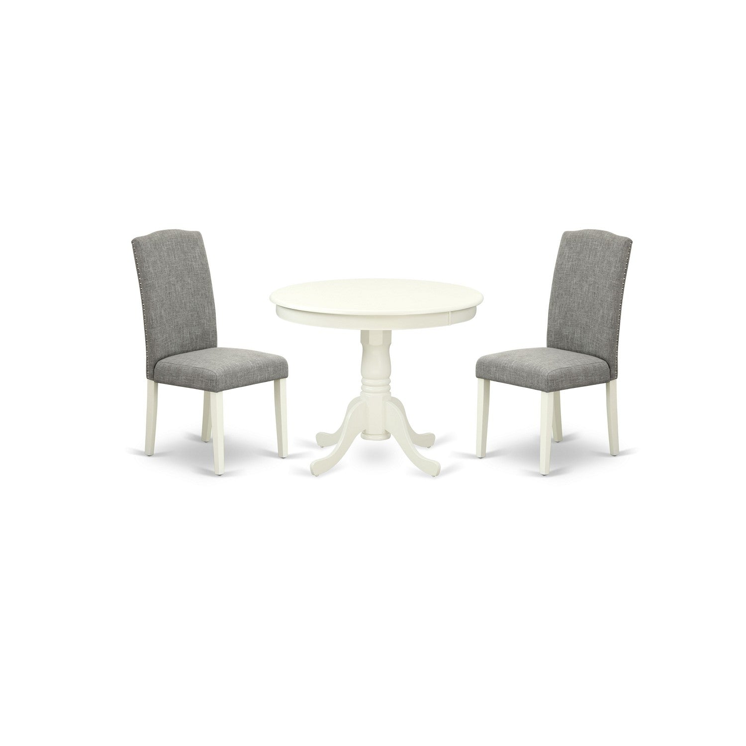 ANEN3-LWH-06 3Pc Round 36" Table And A Pair Of Parson Chair With Linen White Leg And Linen Fabric Dark Shitake