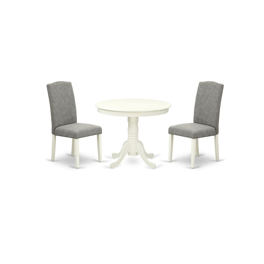 East West Furniture ANEN3-LWH-06 3 Piece Kitchen Table Set Contains a Round Dining Table with Pedestal and 2 Dark Shitake Linen Fabric Parson Dining Room Chairs
