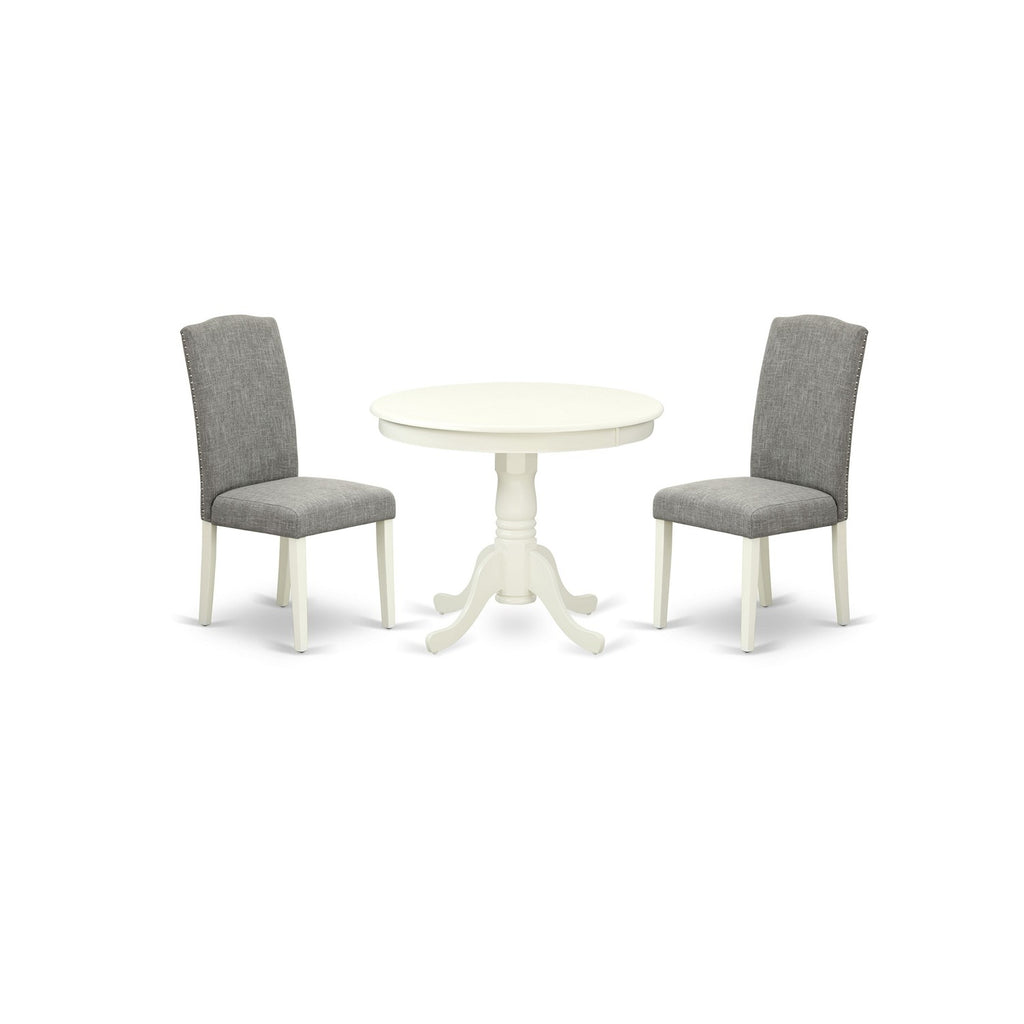 East West Furniture ANEN3-LWH-06 3 Piece Kitchen Table Set Contains a Round Dining Table with Pedestal and 2 Dark Shitake Linen Fabric Parson Dining Room Chairs, 36x36 Inch, Linen White