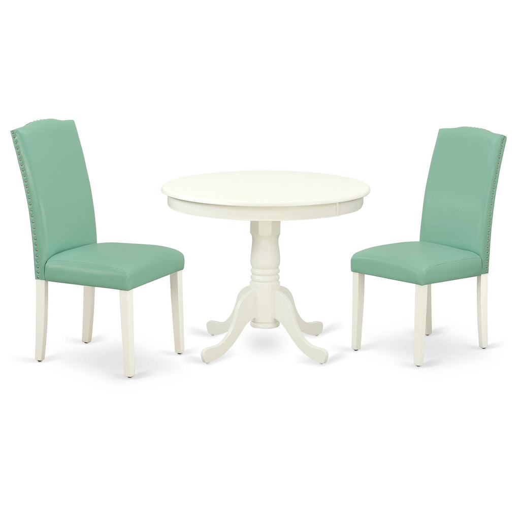 East West Furniture ANEN3-LWH-57 3 Piece Dinette Set for Small Spaces Contains a Round Kitchen Table with Pedestal and 2 Pond Faux Leather Parson Dining Chairs, 36x36 Inch, Linen White