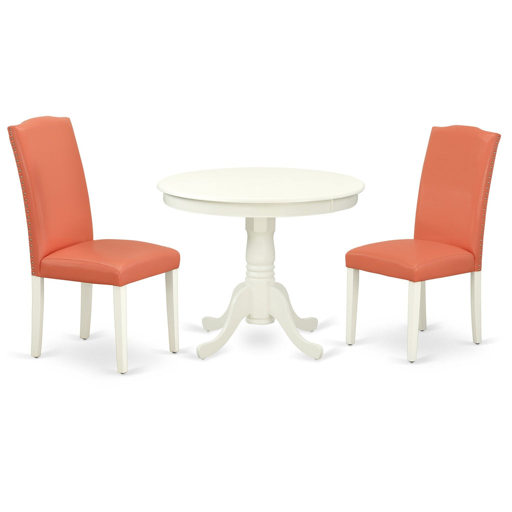 Juego de comedor de 3 piezas East West Furniture ANEN3-LWH-78 que incluye una mesa de cocina redonda con pedestal y 2 sillas de comedor Parson de piel sintética con diseño de flamenco rosa.