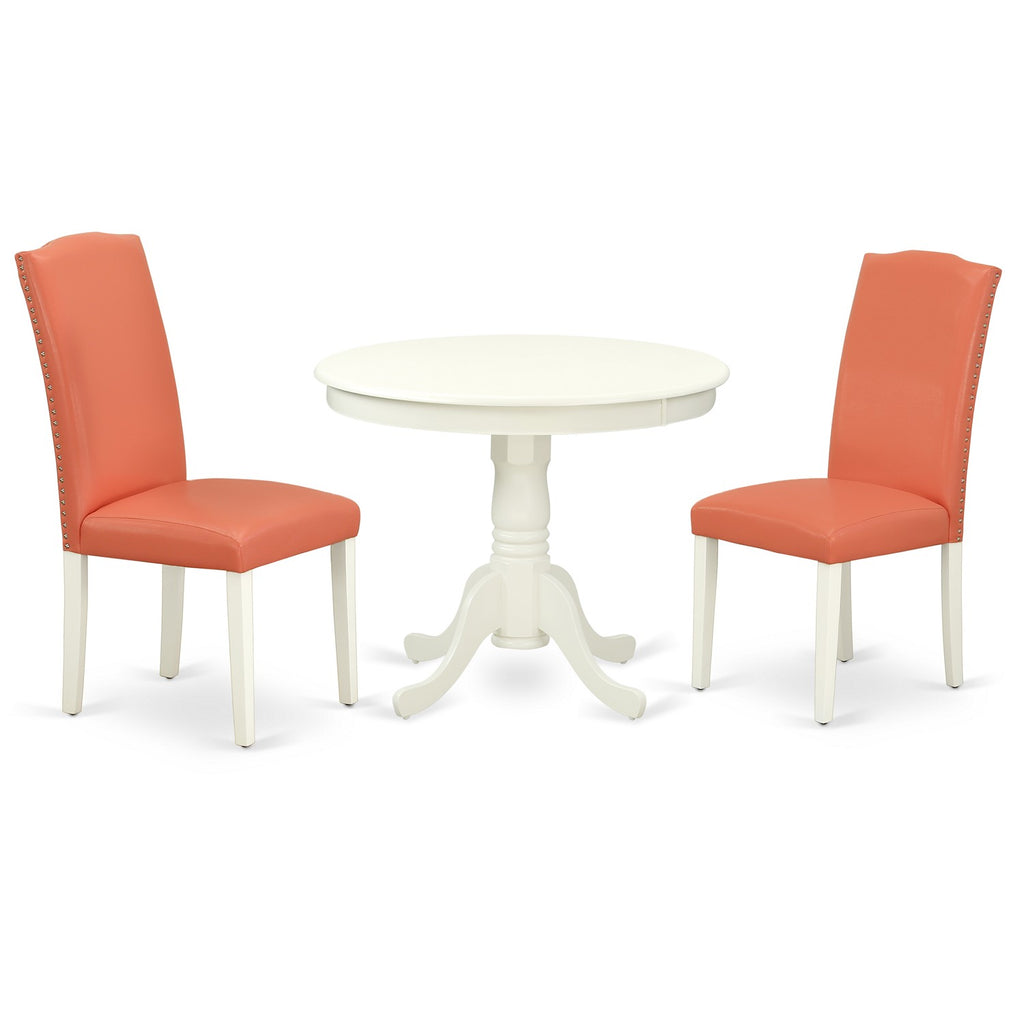 East West Furniture ANEN3-LWH-78 3 Piece Dining Set Contains a Round Kitchen Table with Pedestal and 2 Pink Flamingo Faux Leather Parson Dining Chairs, 36x36 Inch, Linen White