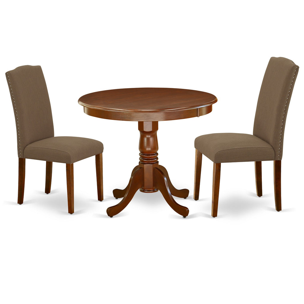East West Furniture ANEN3-MAH-18 3 Piece Dining Room Furniture Set Contains a Round Kitchen Table with Pedestal and 2 Dark Coffee Linen Fabric Parson Dining Chairs