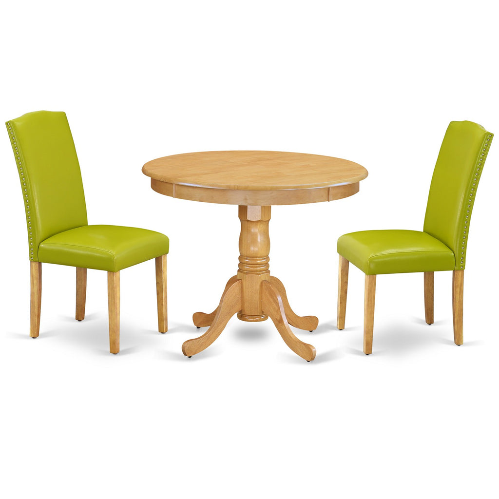 East West Furniture ANEN3-OAK-51 3 Piece Modern Dining Table Set Contains a Round Kitchen Table with Pedestal and 2 Autumn Green Faux Leather Upholstered Chairs, 36x36 Inch, Oak