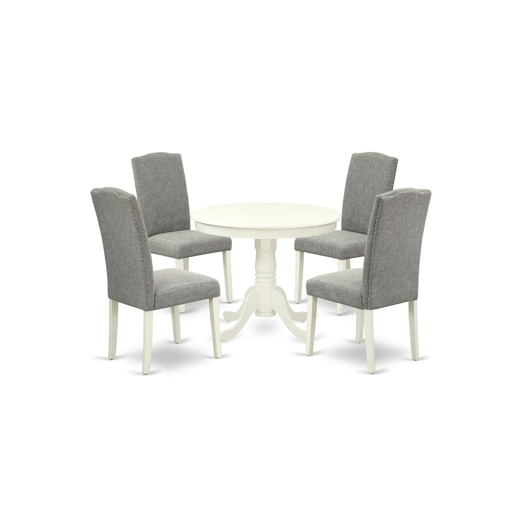 Juego de comedor de 5 piezas East West Furniture ANEN5-LWH-06. Incluye una mesa de cocina redonda con pedestal y 4 sillas de comedor Parsons de tela de lino shitake oscuro.