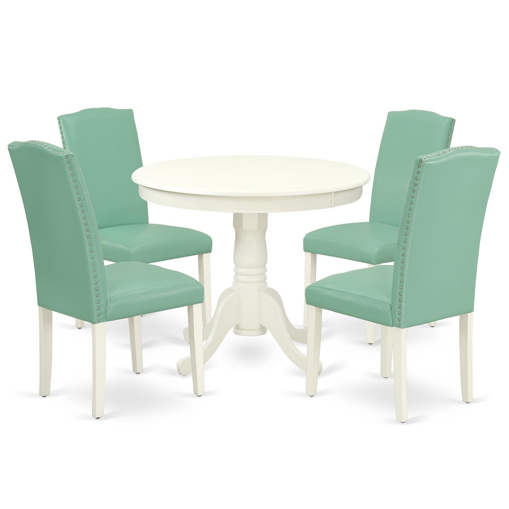East West Furniture ANEN5-LWH-57 5 Piece Dining Room Table Set Includes a Round Kitchen Table with Pedestal and 4 Pond Faux Leather Parsons Dining Chairs
