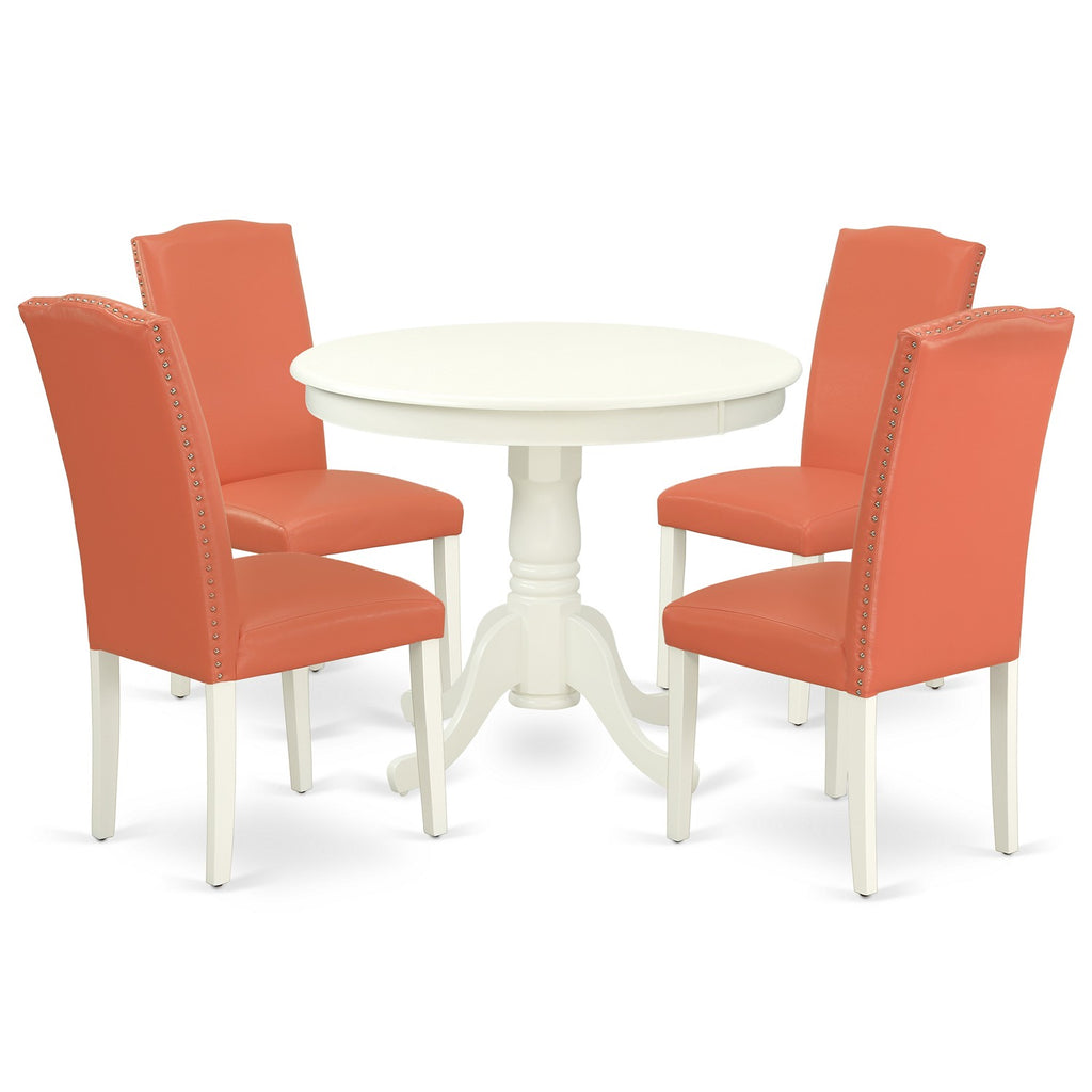 East West Furniture ANEN5-LWH-78 5 Piece Modern Dining Table Set Includes a Round Kitchen Table with Pedestal and 4 Pink Flamingo Faux Leather Parson Dining Chairs, 36x36 Inch, Linen White