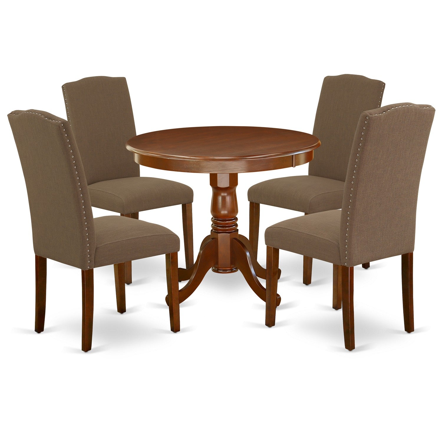 ANEN5-MAH-18 5Pc Round 36" Table And 4 Parson Chair With Mahogany Leg And Linen Fabric Dark Coffee