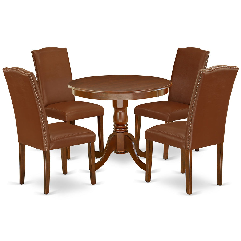 East West Furniture ANEN5-MAH-66 5 Piece Dining Set Includes a Round Dining Room Table with Pedestal and 4 Brown Faux Faux Leather Upholstered Parson Chairs