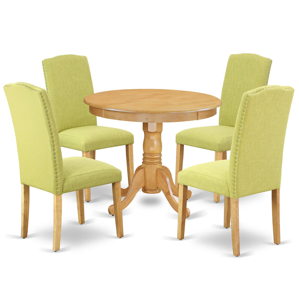 East West Furniture ANEN5-OAK-07 5 Piece Kitchen Table Set for 4 Includes a Round Dining Room Table with Pedestal and 4 Limelight Linen Fabric Parson Dining Chairs