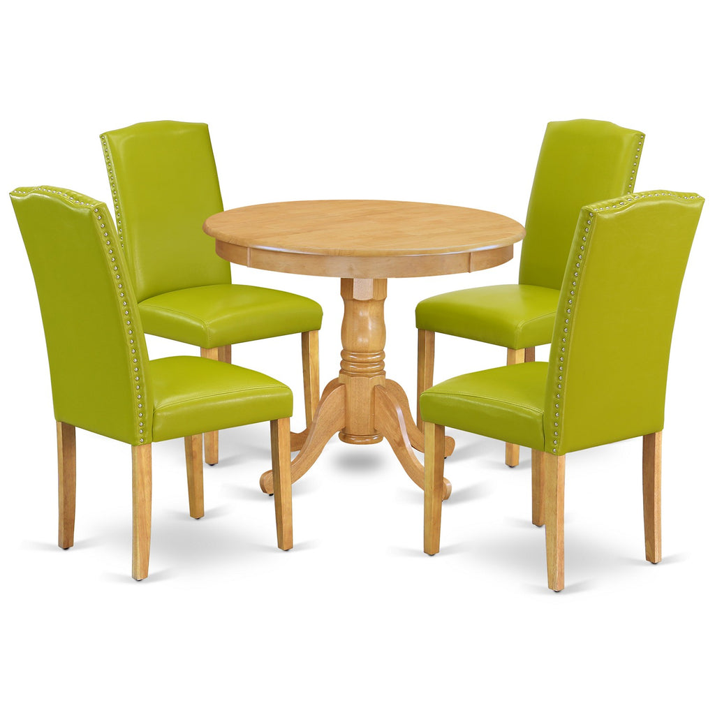 East West Furniture ANEN5-OAK-51 5 Piece Dinette Set Includes a Round Dining Table with Pedestal and 4 Autumn Green Faux Leather Upholstered Parson Chairs, 36x36 Inch, Oak