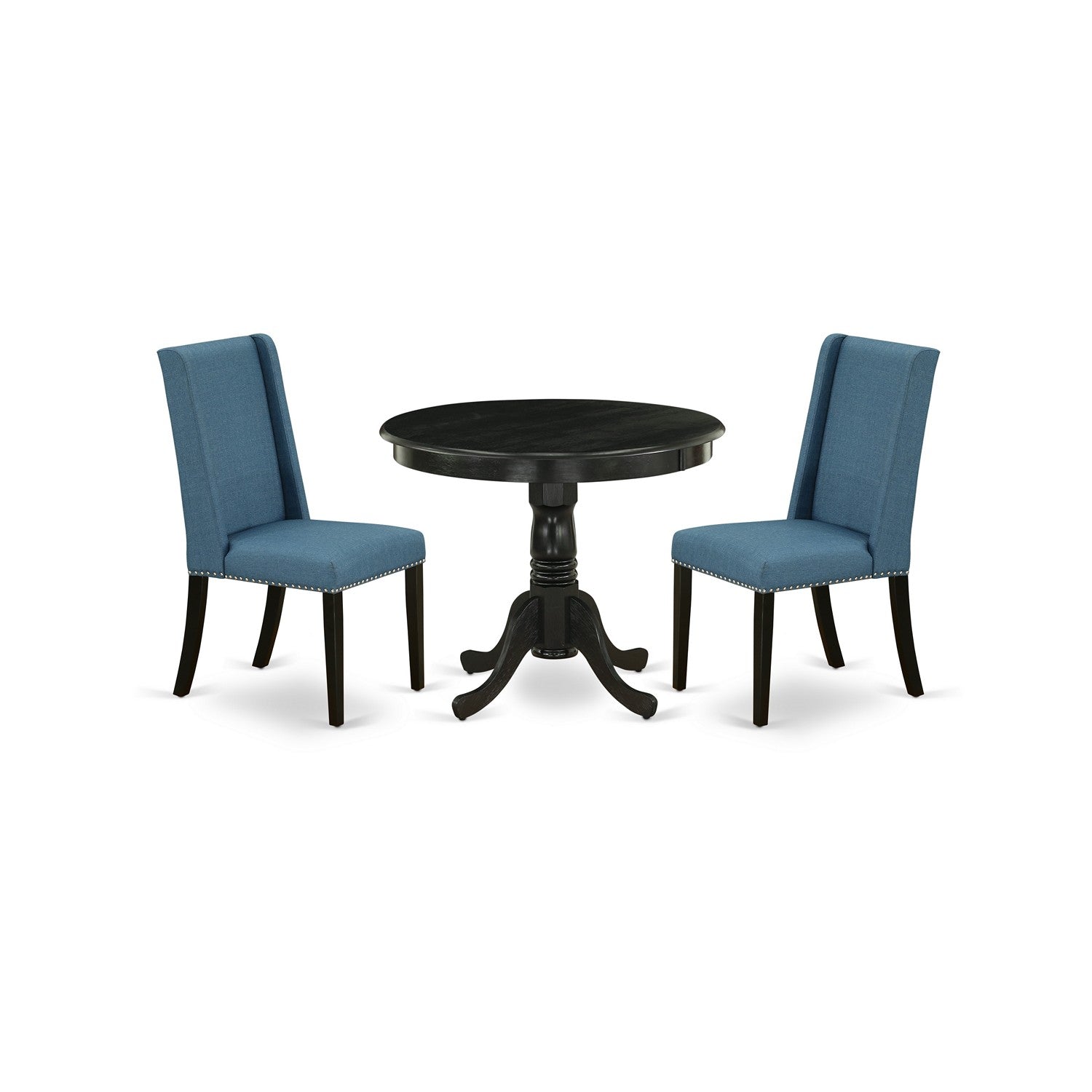 Juego de mesa de comedor moderna de 3 piezas East West Furniture ANFL3-ABK-21. Incluye una mesa de cocina redonda con pedestal y dos sillas de comedor Parson de tela de lino azul.