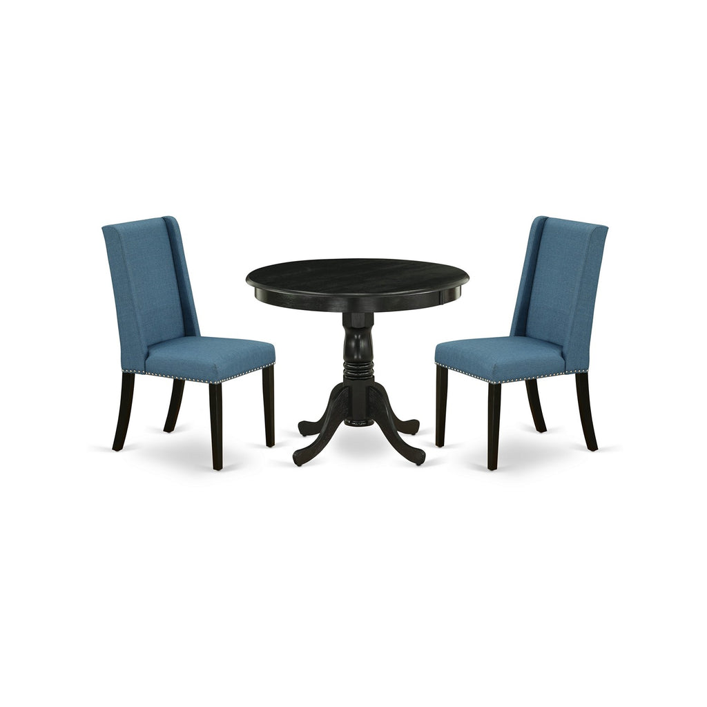 East West Furniture ANFL3-ABK-21 3 Piece Modern Dining Table Set Contains a Round Kitchen Table with Pedestal and 2 Blue Linen Fabric Parson Dining Chairs