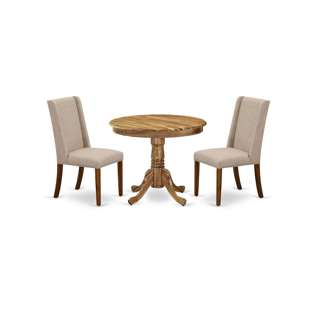 East West Furniture ANFL3-ANA-04 3 Piece Kitchen Table Set Contains a Round Dining Room Table with Pedestal and 2 Light Tan Linen Fabric Upholstered Chairs, 36x36 Inch, Natural