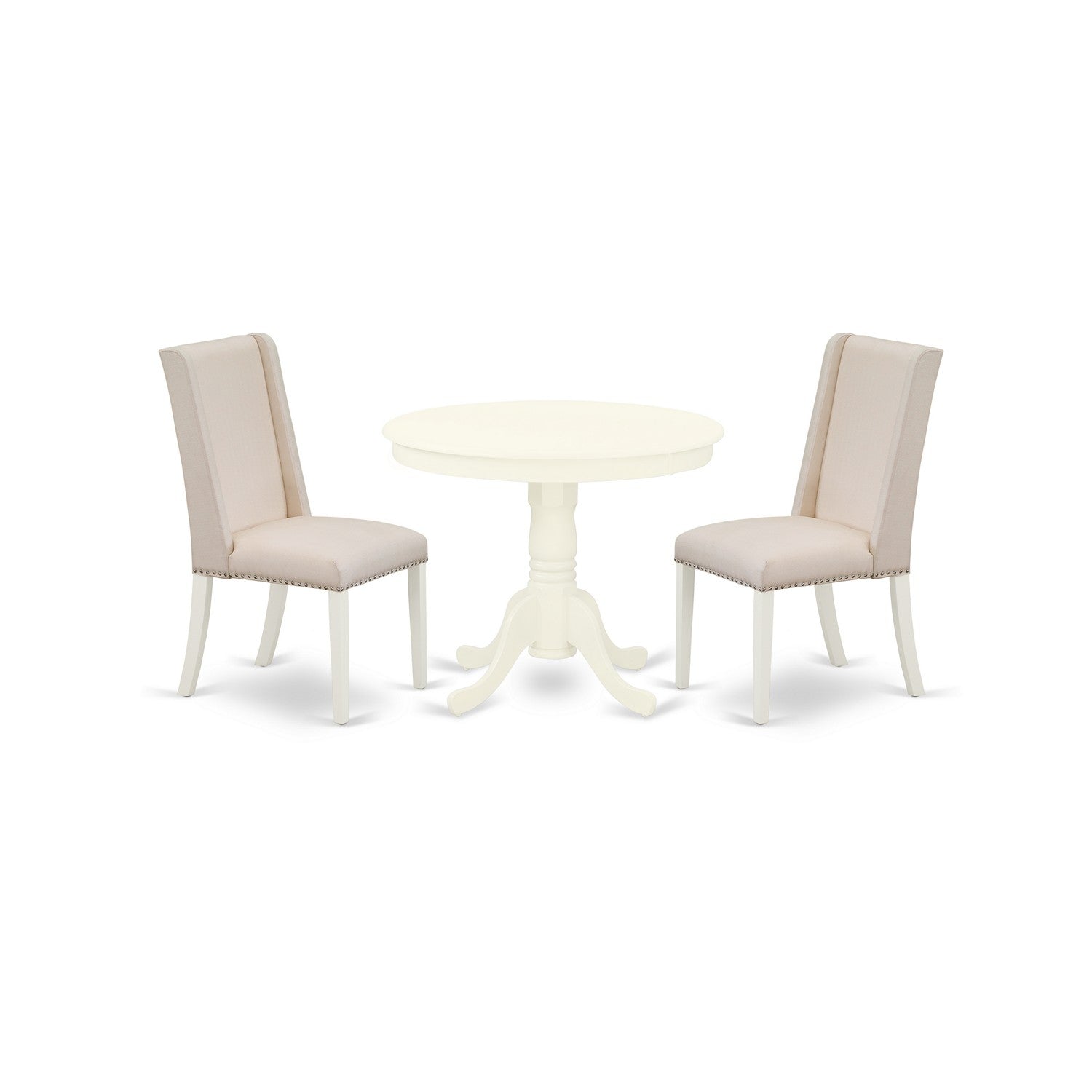 East West Furniture ANFL3-LWH-01 3-Piece Dinette Table Set Included a Round Dinner Table & 2 Dining Room Chairs, Cream Linen Fabric Upholstered Dining Chairs Seat with Rubber Wood Legs, Linen White Finish