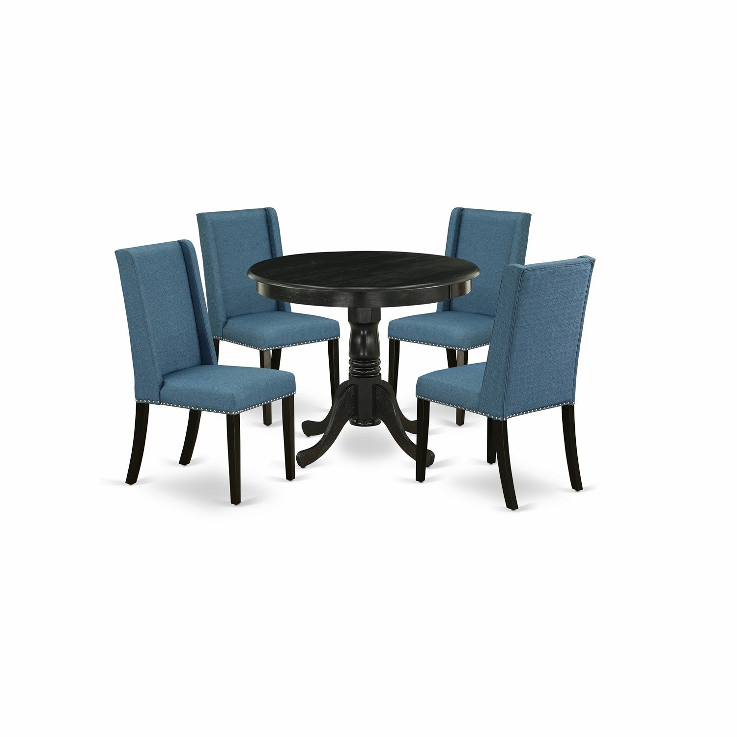 East West Furniture ANFL5-ABK-21 5-Piece Mid Century Dining Table Set Included a Round Dinner Table & 4 Kitchen Chairs, Mineral Blue Linen Fabric Dining Chairs Seat with Rubber Wood Legs, Wirebrushed Black Finish