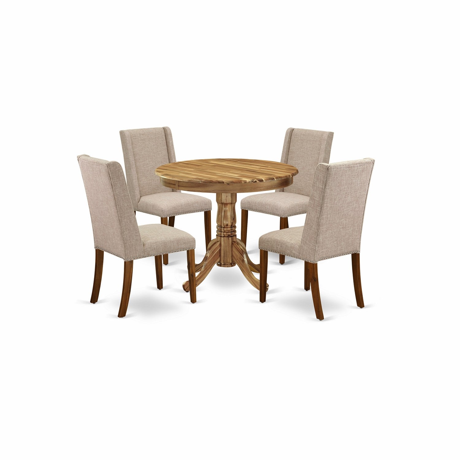 East West Furniture ANFL5-ANA-04 5-Pc Wooden Dining Table Set Included a Round Dinner Table & 4 Dining Room Chairs, Clay Linen Fabric Padded Parson Chairs Seat with Rubber Wood Legs, Natural Finish
