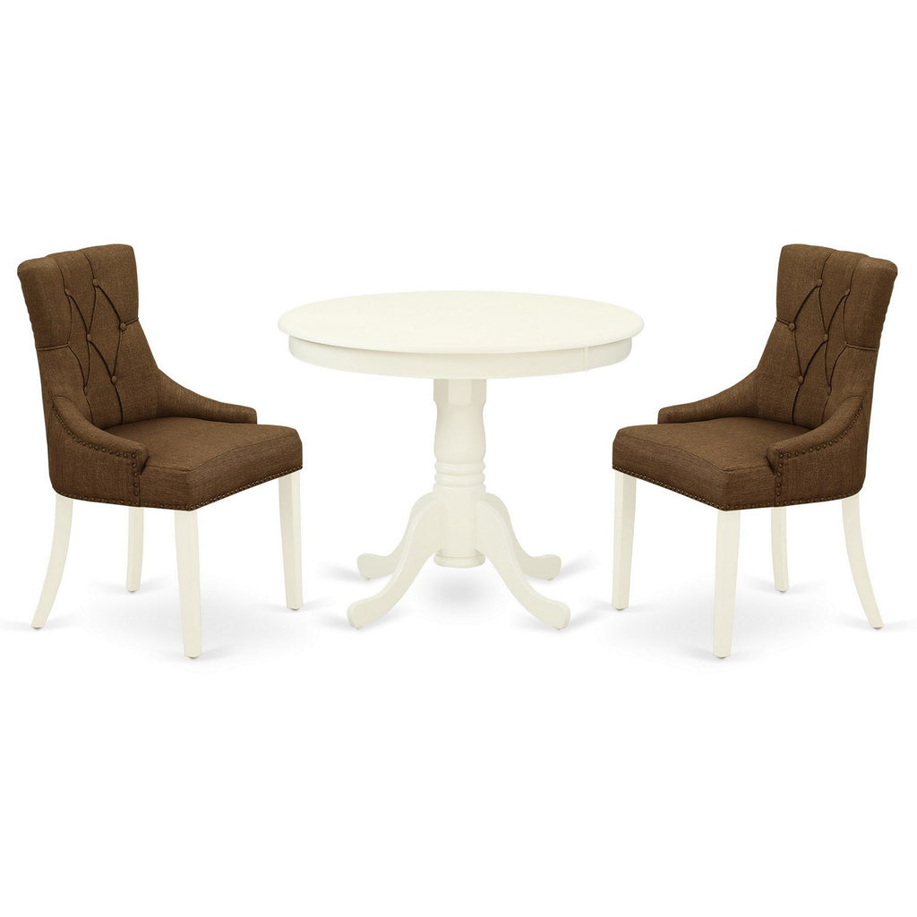 East West Furniture ANFR3-LWH-18 3 Piece Modern Dining Table Set Contains a Round Kitchen Table with Pedestal and 2 Brown Linen Linen Fabric Parson Dining Chairs