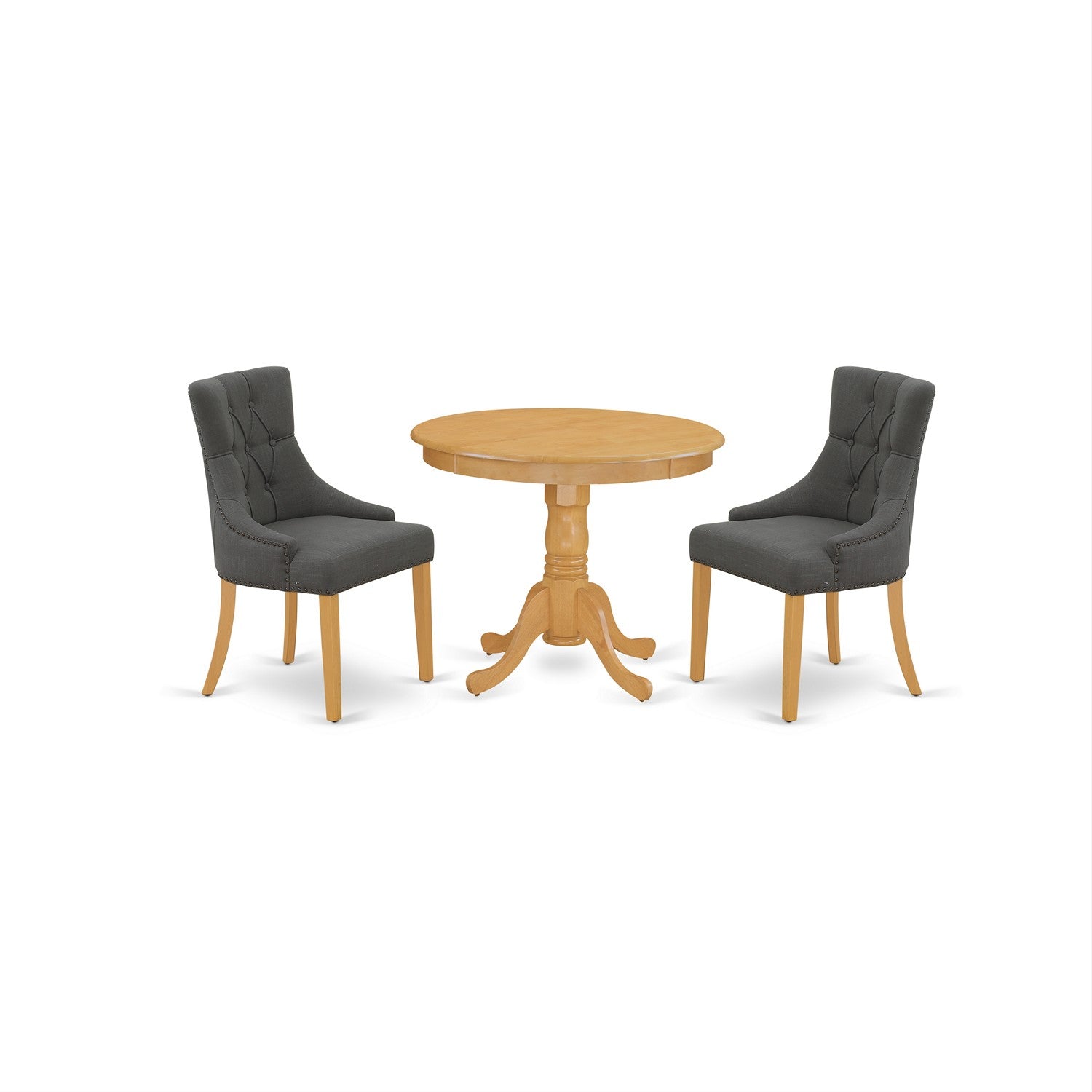 Juego de mesa de cocina de 3 piezas East West Furniture ANFR3-OAK-20. Incluye una mesa de comedor redonda con pedestal y dos sillas de comedor Parsons de tela de lino Gotham oscuro.