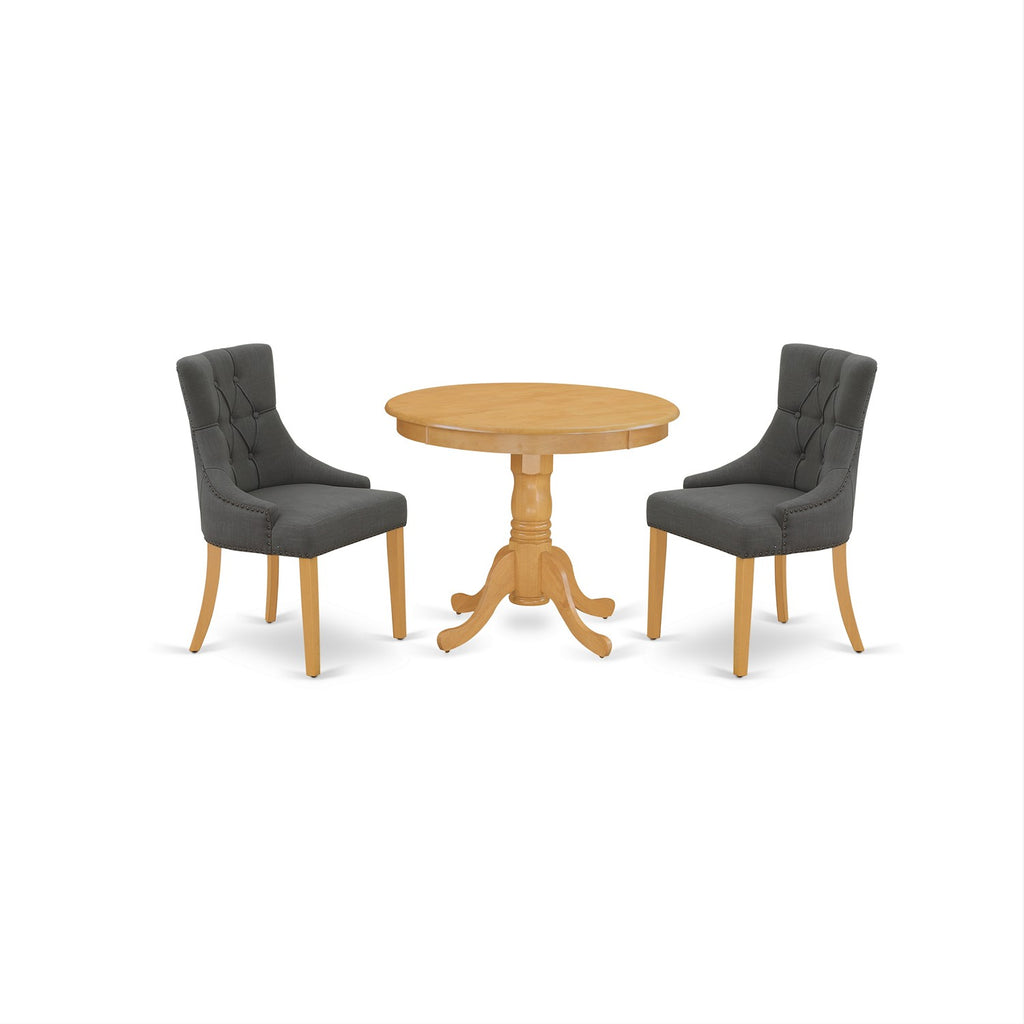 East West Furniture ANFR3-OAK-20 3 Piece Kitchen Table Set Contains a Round Dining Room Table with Pedestal and 2 Dark Gotham Linen Fabric Parsons Dining Chairs
