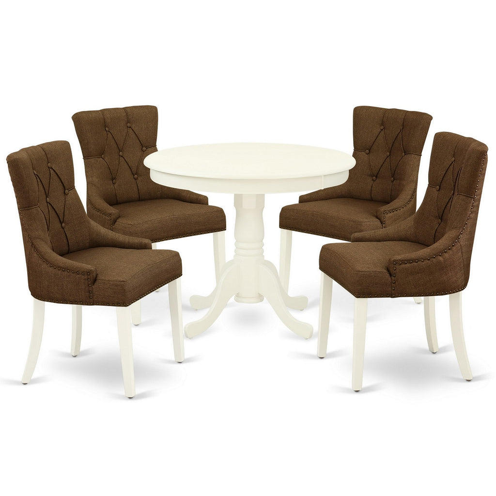 East West Furniture ANFR5-LWH-18 5 Piece Dining Room Table Set Includes a Round Kitchen Table with Pedestal and 4 Brown Linen Linen Fabric Parson Dining Chairs