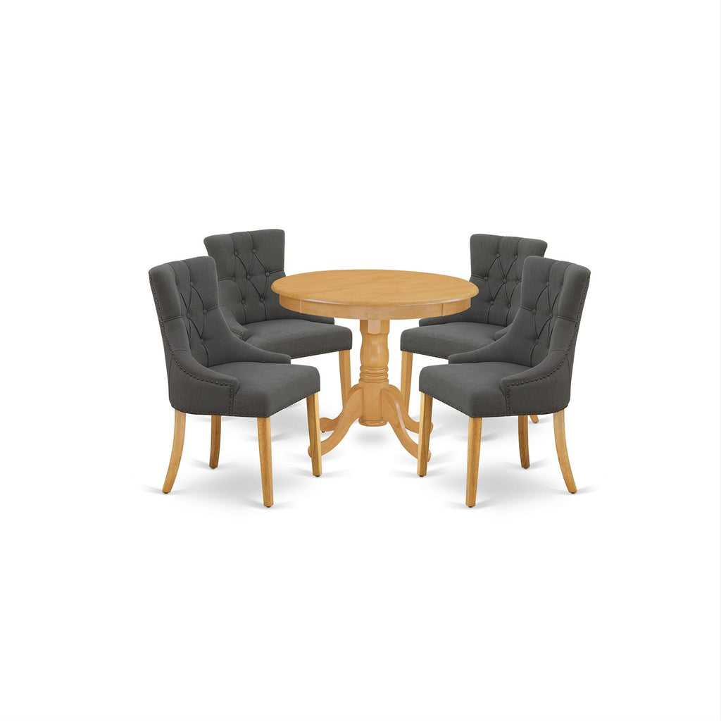 East West Furniture ANFR5-OAK-20 5 Piece Dinette Set for 4 Includes a Round Kitchen Table with Pedestal and 4 Dark Gotham Linen Fabric Upholstered Parson Chairs