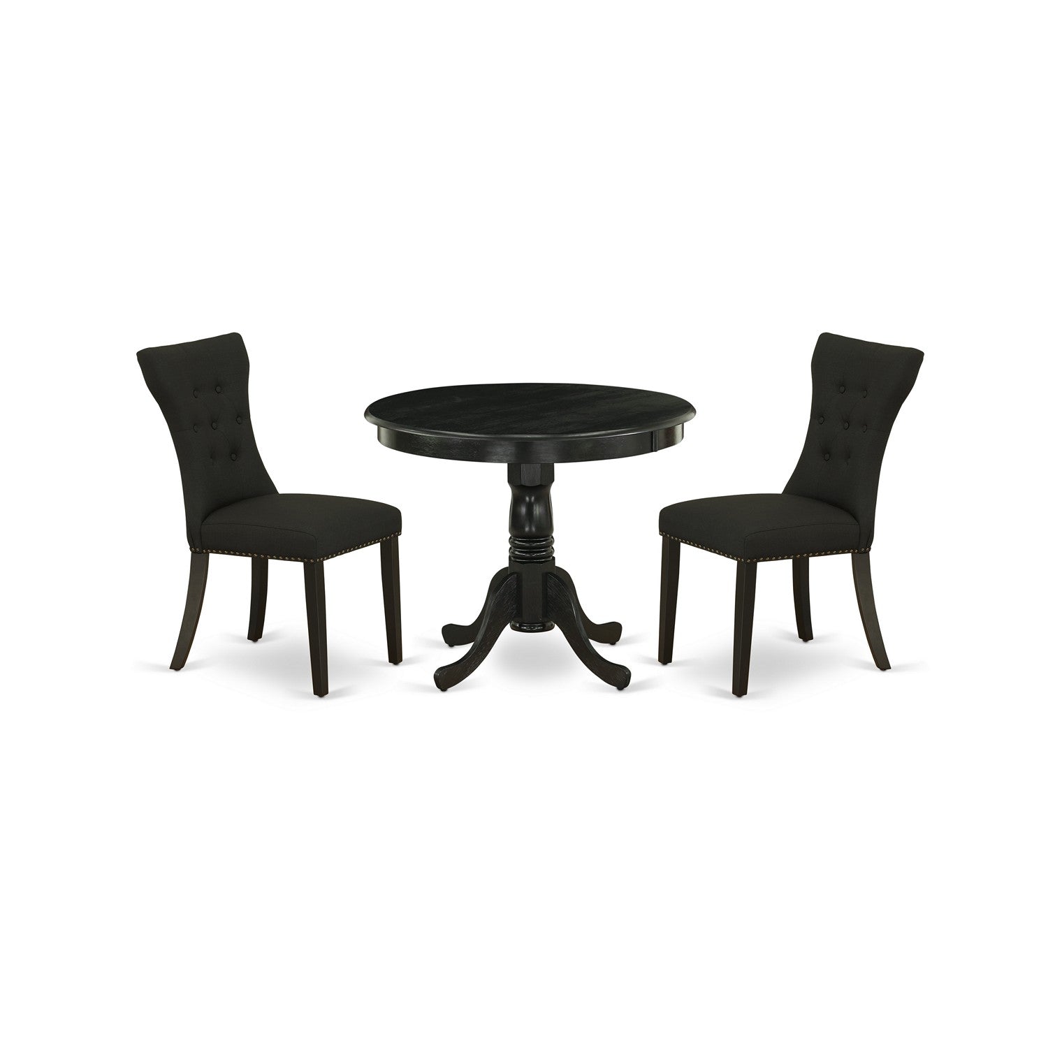 East West Furniture ANGA3-ABK-24 3-Pc Dining Set Included a Round Kitchen Table & 2 Kitchen Chairs, Black Linen Fabric Padded Parson Chairs Seat with Rubber Wood Legs, Wirebrushed Black Finish